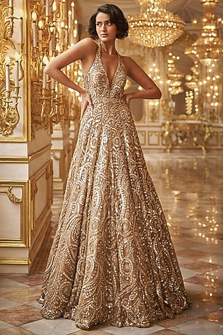 Gold Net Sequins Embroidered Gown by Seema Gujral