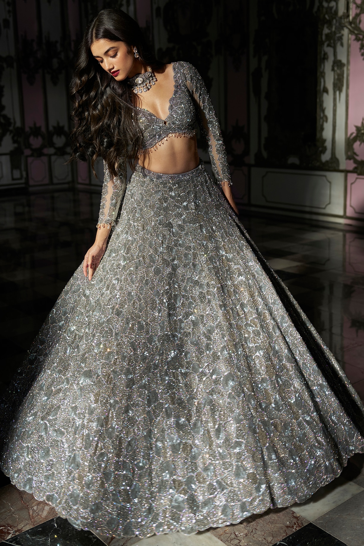 Silver Net Sequins Embroidered Bridal Lehenga Set by Seema Gujral