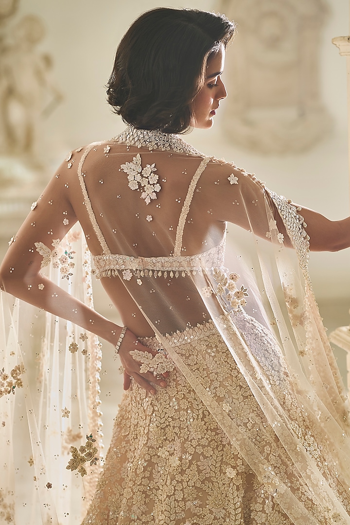 Powder Pink Net Three Dimensional Embroidered Bridal Lehenga Set by Seema Gujral at Pernia's Pop Up Shop