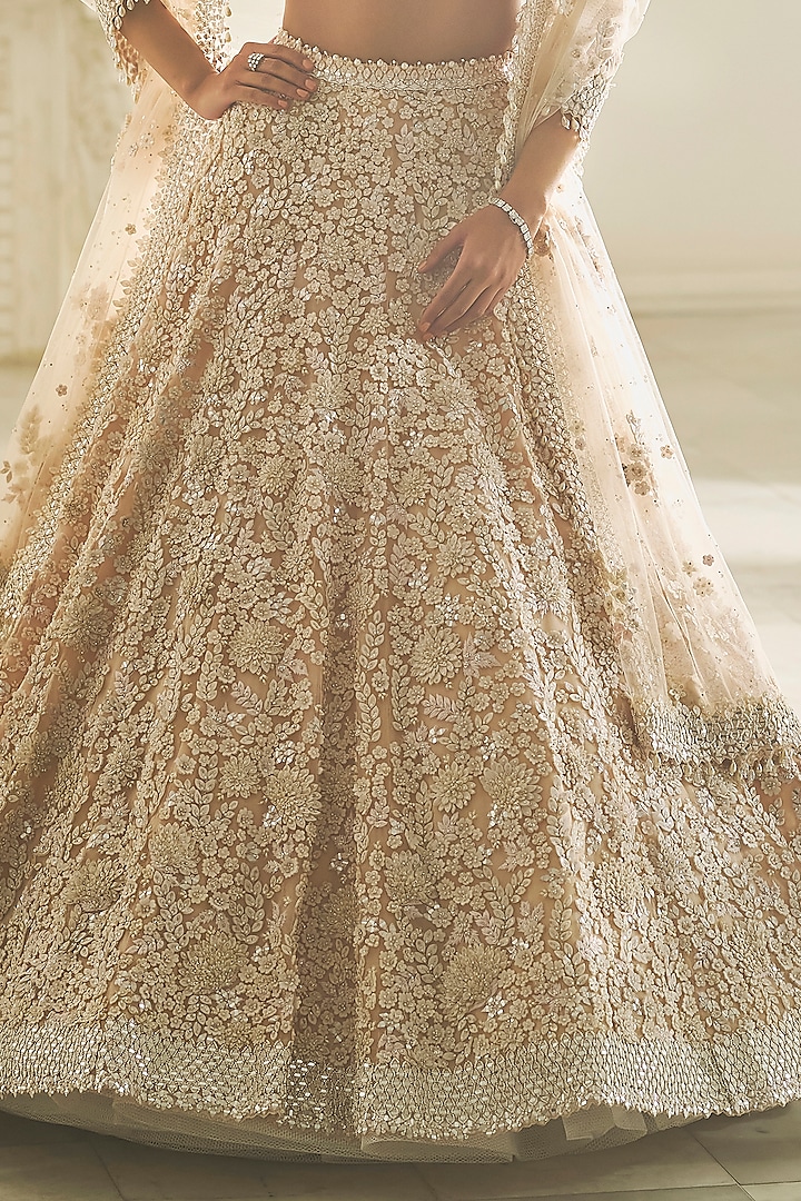 Powder Pink Net Three Dimensional Embroidered Bridal Lehenga Set by Seema Gujral at Pernia's Pop Up Shop