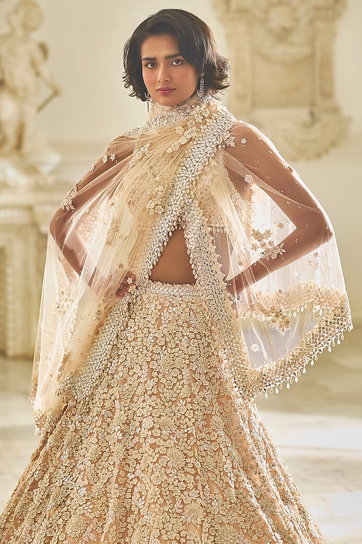 Powder Pink Net Three Dimensional Embroidered Bridal Lehenga Set by Seema Gujral at Pernia's Pop Up Shop