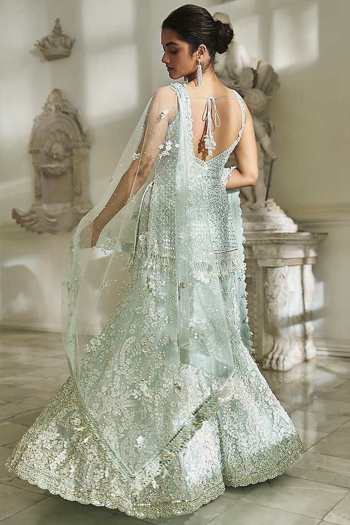 Mint Green Net Pearl & Sequins Embroidered Bridal Sharara Set by Seema Gujral at Pernia's Pop Up Shop