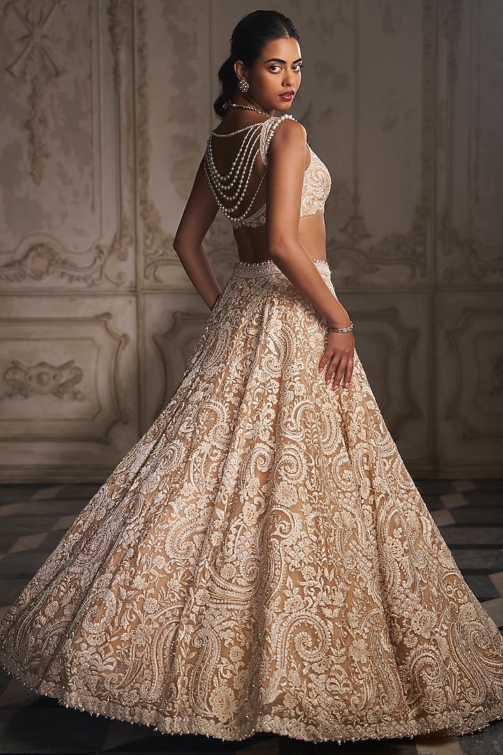 Nude Organza Crystal & Pearl Embroidered Bridal Lehenga Set by Seema Gujral at Pernia's Pop Up Shop