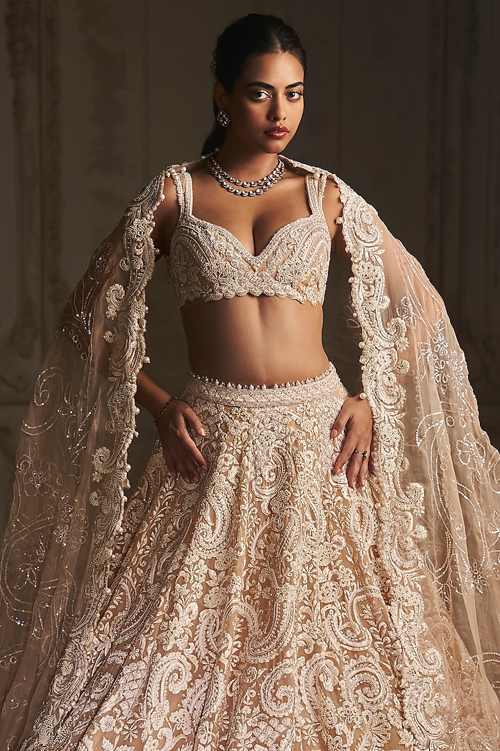 Nude Organza Crystal & Pearl Embroidered Bridal Lehenga Set by Seema Gujral at Pernia's Pop Up Shop