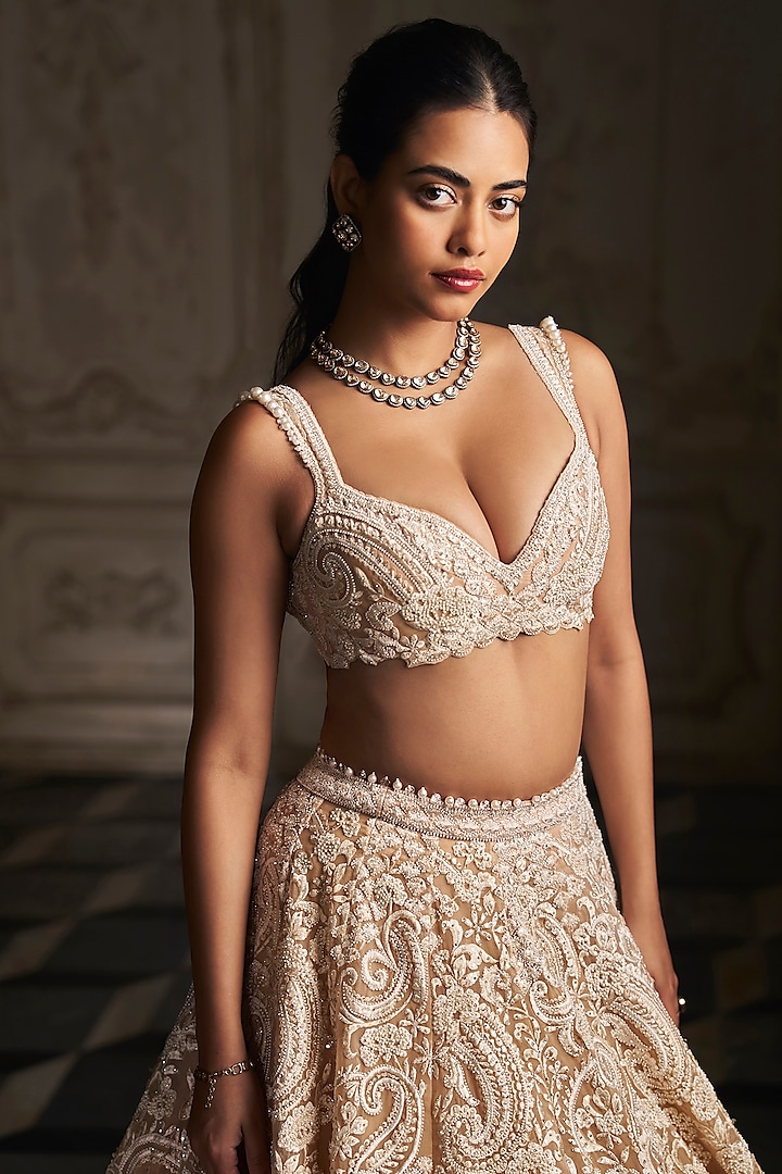 Nude Organza Crystal & Pearl Embroidered Bridal Lehenga Set by Seema Gujral at Pernia's Pop Up Shop