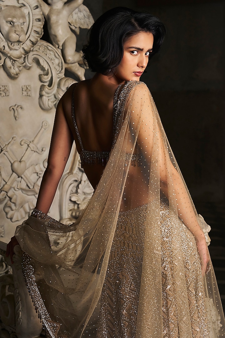 Nude Net Sequins Embroidered Skirt Set by Seema Gujral at Pernia's Pop Up Shop