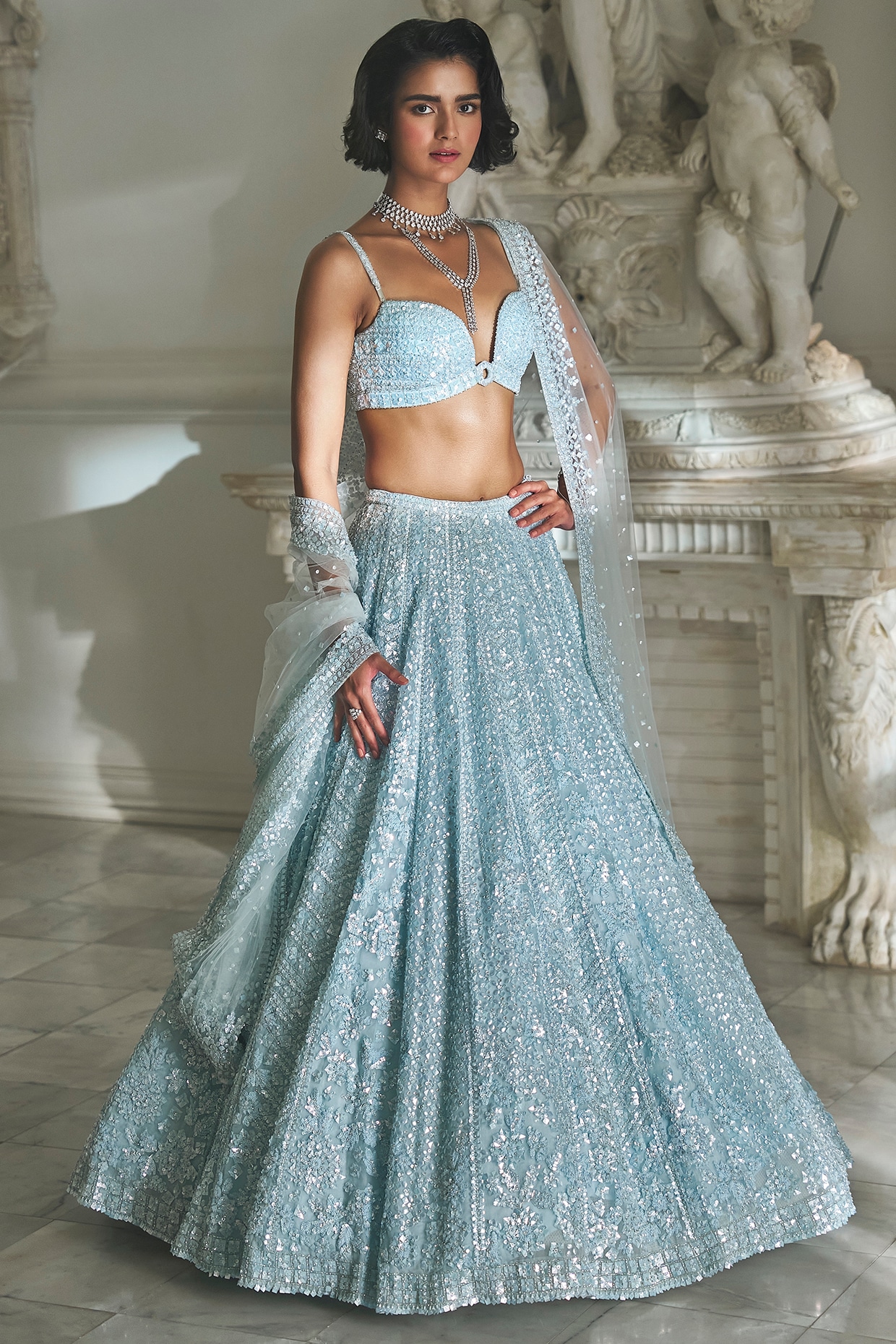 Sky Blue & Navy Blue Bridal Kanchi Pattu Lehenga Online – ViBha