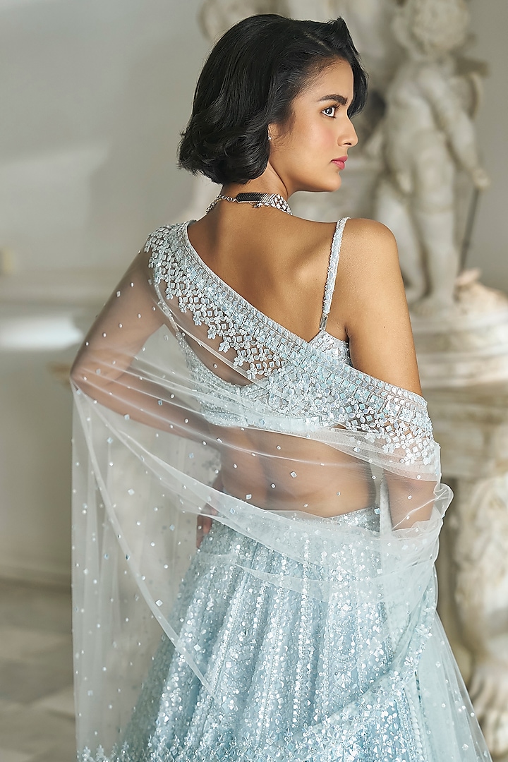 Powder Blue Organza Sequins Embroidered Bridal Lehenga Set by Seema Gujral at Pernia's Pop Up Shop