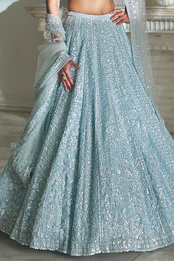 Powder Blue Organza Sequins Embroidered Bridal Lehenga Set by Seema Gujral at Pernia's Pop Up Shop