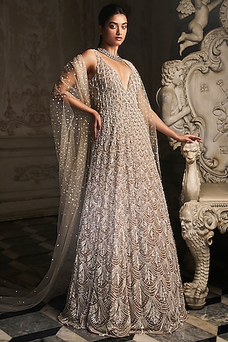 Nude Net Pearl Tassel Embroidered Gown by Seema Gujral