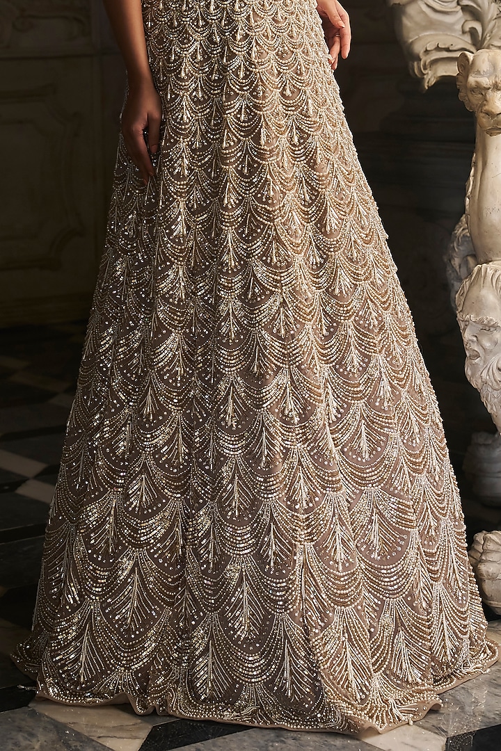 Nude Net Pearl Tassel Embroidered Bridal Gown by Seema Gujral at Pernia's Pop Up Shop