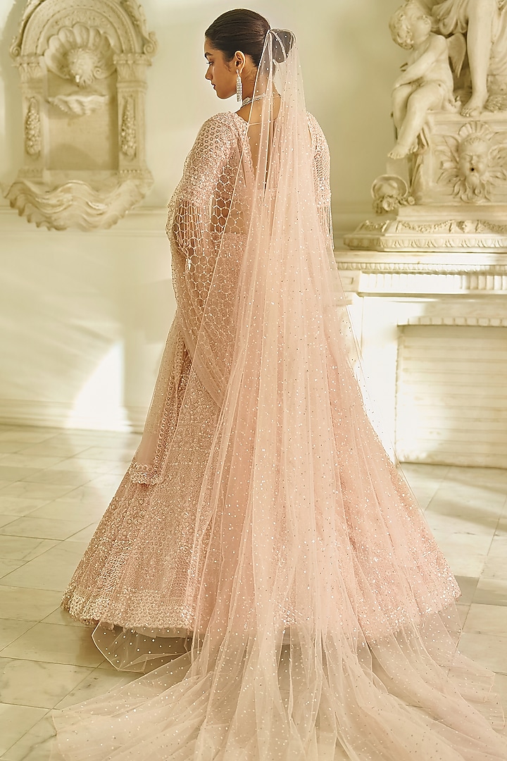Powder Pink Organza Sequins Embroidered Bridal Lehenga Set by Seema Gujral at Pernia's Pop Up Shop