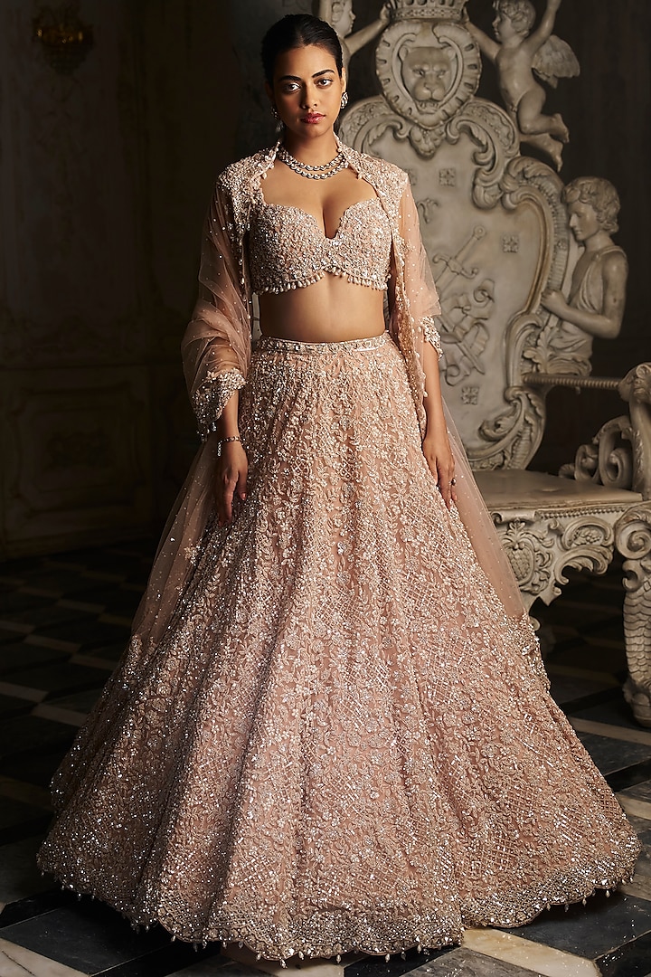 Champagne Net Crystal Embroidered Bridal Lehenga Set by Seema Gujral at Pernia's Pop Up Shop