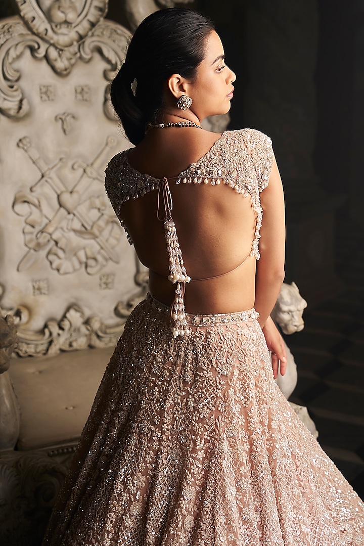 Champagne Net Crystal Embroidered Bridal Lehenga Set by Seema Gujral at Pernia's Pop Up Shop