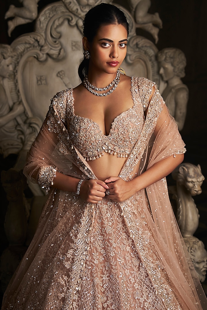 Champagne Net Crystal Embroidered Bridal Lehenga Set by Seema Gujral at Pernia's Pop Up Shop