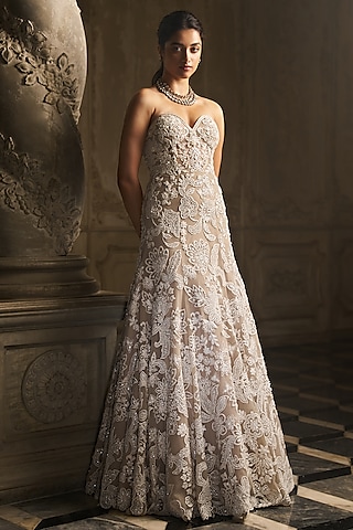 Nude Net Pearl Embroidered Gown by Seema Gujral