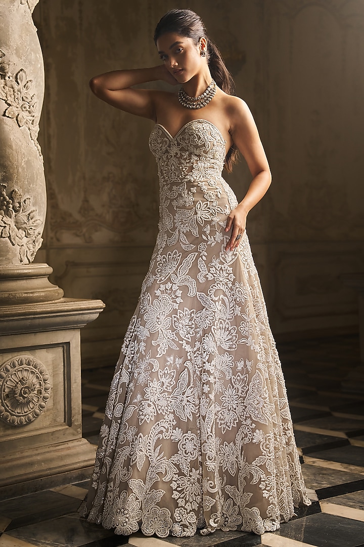 Nude Net Pearl Embroidered Wedding Gown by Seema Gujral at Pernia's Pop Up Shop