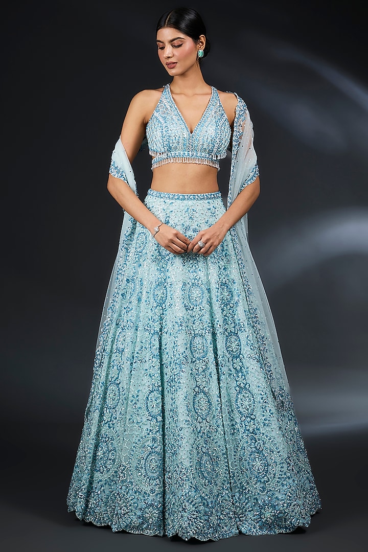 Powder Blue Net Sequins & Bugle Bead Embroidered Bridal Lehenga Set by Seema Gujral at Pernia's Pop Up Shop