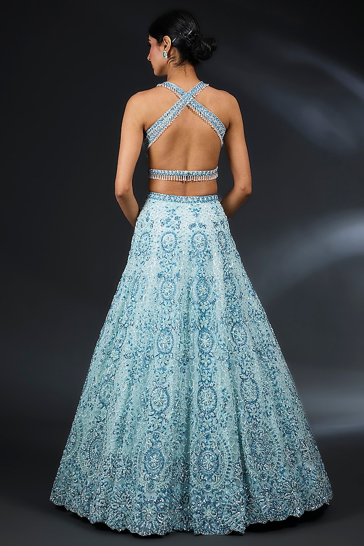 Powder Blue Net Sequins & Bugle Bead Embroidered Bridal Lehenga Set by Seema Gujral at Pernia's Pop Up Shop