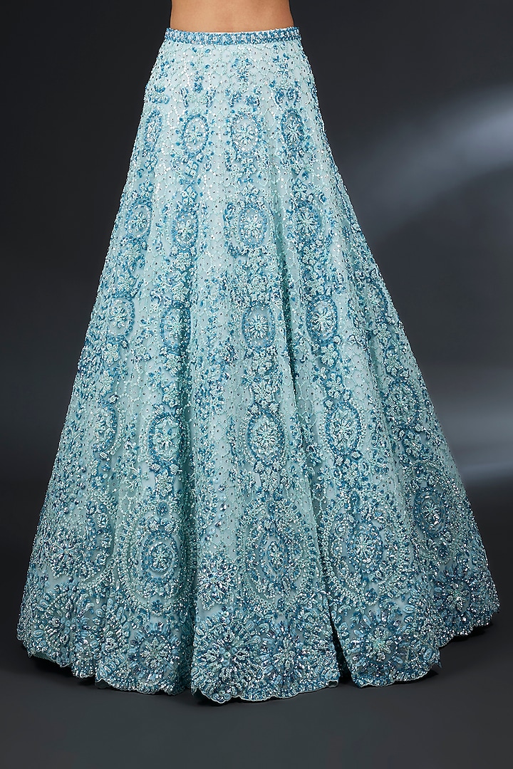 Powder Blue Net Sequins & Bugle Bead Embroidered Bridal Lehenga Set by Seema Gujral at Pernia's Pop Up Shop