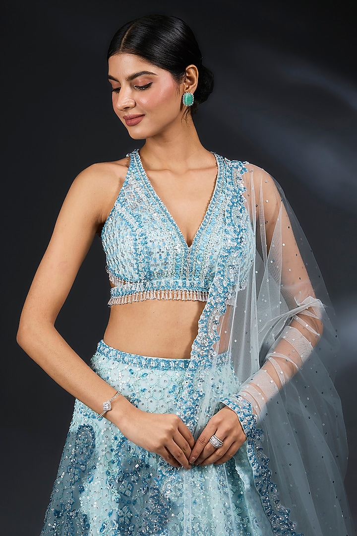 Powder Blue Net Sequins & Bugle Bead Embroidered Bridal Lehenga Set by Seema Gujral at Pernia's Pop Up Shop