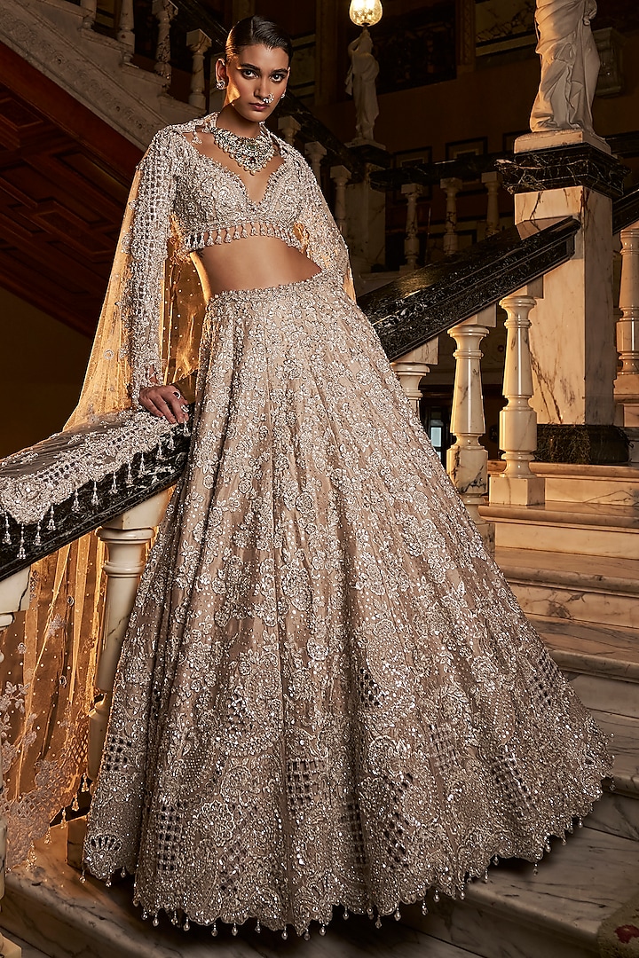 Nude Silver Raw Silk Thread Embroidered Bridal Lehenga Set by Seema Gujral at Pernia's Pop Up Shop