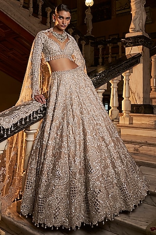Nude Silver Raw Silk Thread Embroidered Lehenga Set by Seema Gujral