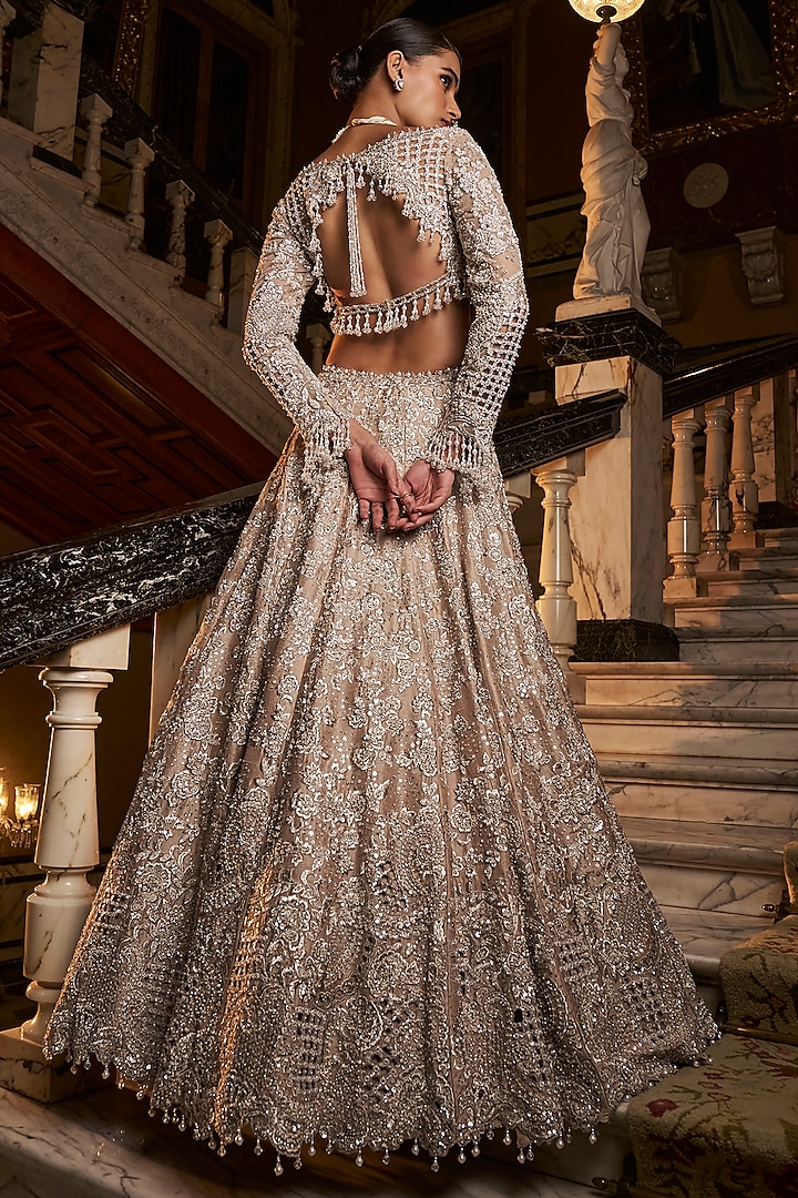 Nude Silver Raw Silk Thread Embroidered Bridal Lehenga Set by Seema Gujral at Pernia's Pop Up Shop