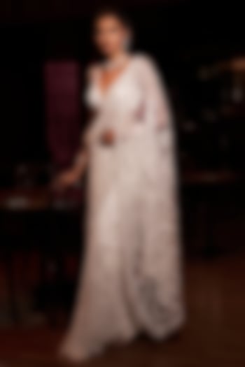 Ivory Net Pearl Embroidered Bridal Saree Set by Seema Gujral at Pernia's Pop Up Shop