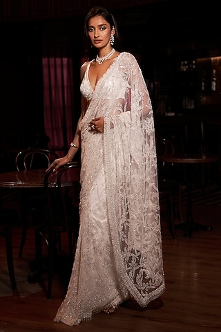 Ivory Net Pearl Embroidered Saree Set by Seema Gujral