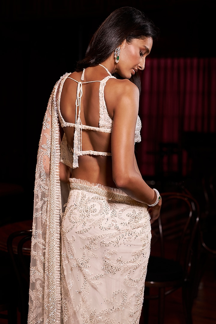 Ivory Net Pearl Embroidered Bridal Saree Set by Seema Gujral at Pernia's Pop Up Shop