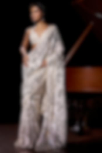 Ivory Georgette Gold & Silver Sequin Work Bridal Saree Set by Seema Gujral at Pernia's Pop Up Shop