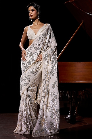Ivory Georgette Gold & Silver Sequin Work Saree Set by Seema Gujral