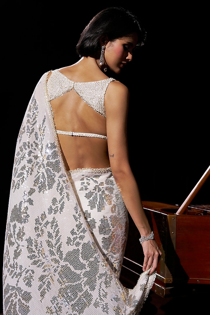 Ivory Georgette Gold & Silver Sequin Work Bridal Saree Set by Seema Gujral at Pernia's Pop Up Shop
