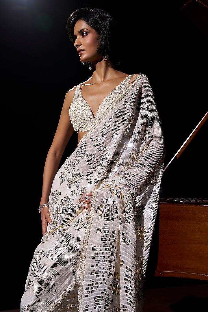 Ivory Georgette Gold & Silver Sequin Work Bridal Saree Set by Seema Gujral at Pernia's Pop Up Shop
