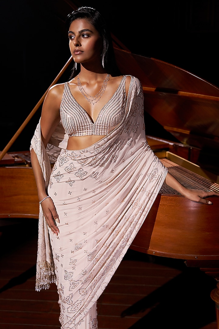 Nude Georgette Crystal Embroidered Bridal Saree Set by Seema Gujral at Pernia's Pop Up Shop