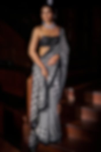 Black & White Georgette Houndstooth Embroidered Reception Saree Set by Seema Gujral at Pernia's Pop Up Shop