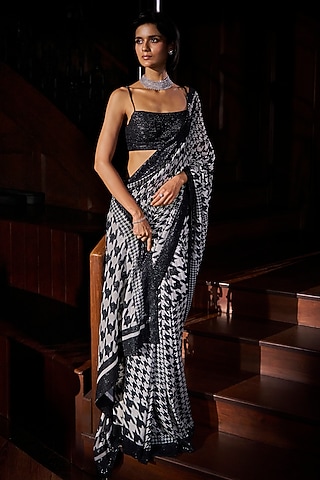 Black & White Georgette Houndstooth Embroidered Saree Set by Seema Gujral