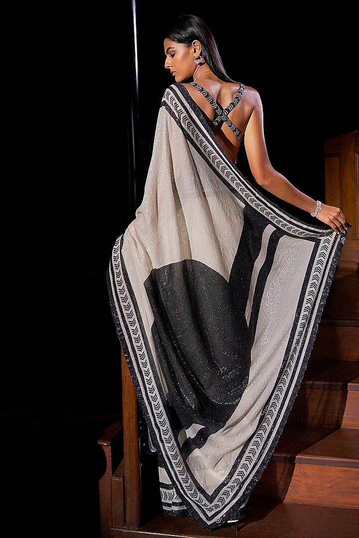 Black & White Georgette Sequins Embroidered Reception Saree Set by Seema Gujral at Pernia's Pop Up Shop