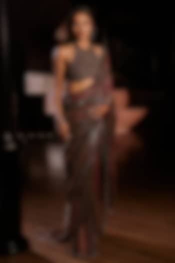 Vintage Wine Georgette Sequins Embroidered Reception Saree Set by Seema Gujral at Pernia's Pop Up Shop