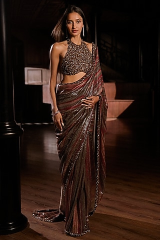 Vintage Wine Georgette Sequins Embroidered Saree Set by Seema Gujral