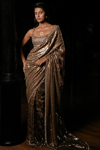 Antique Gold Georgette Sequins Work Saree Set by Seema Gujral
