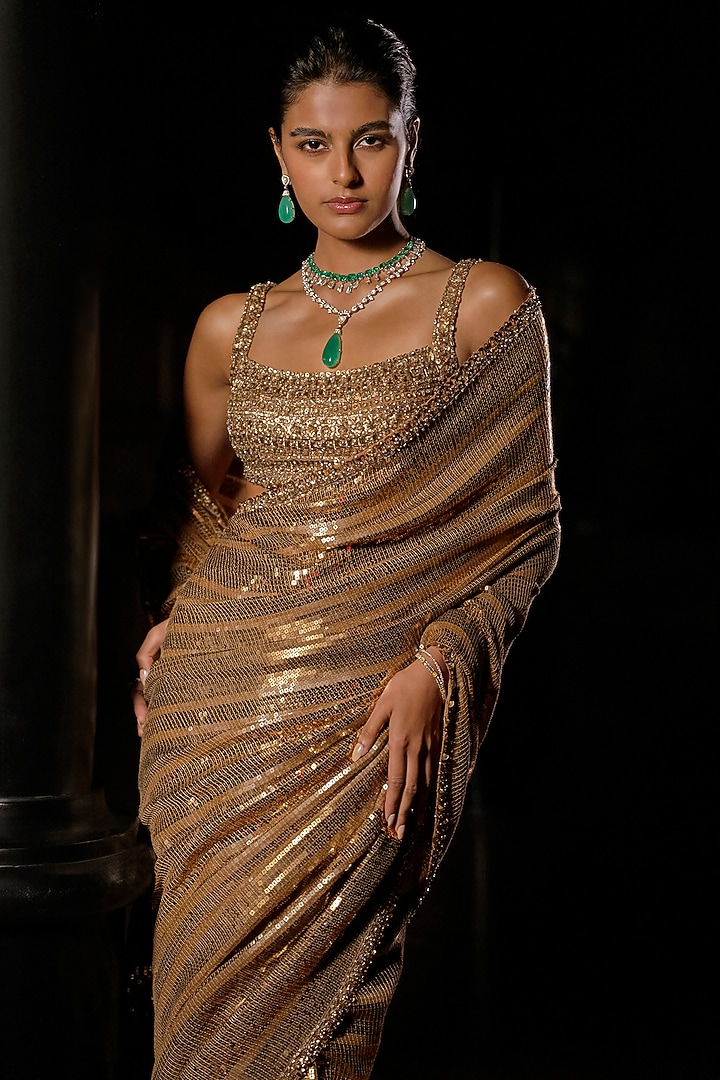 Antique Gold Georgette Sequins Work Bridal Saree Set by Seema Gujral at Pernia's Pop Up Shop