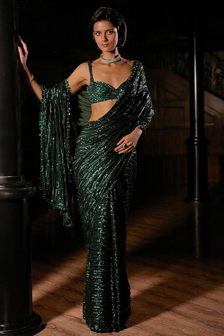 Emerald Green Georgette Sequins Work Bridal Saree Set by Seema Gujral at Pernia's Pop Up Shop