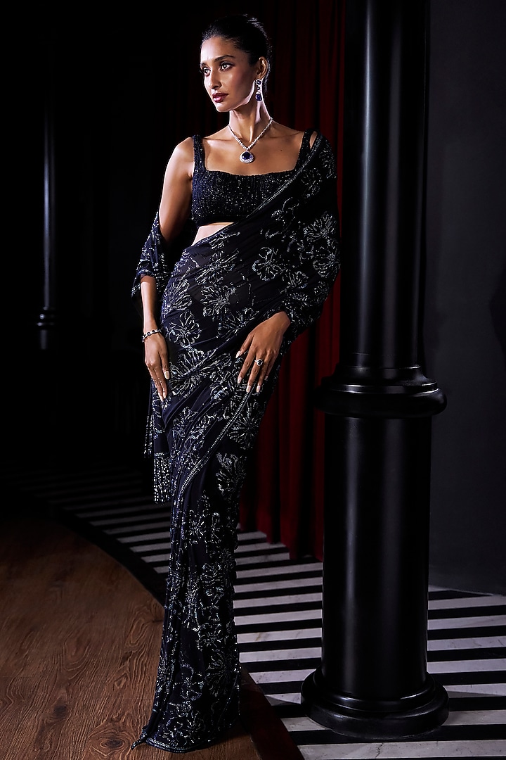 Midnight Blue Georgette Crystal Embroidered Bridal Saree Set by Seema Gujral at Pernia's Pop Up Shop