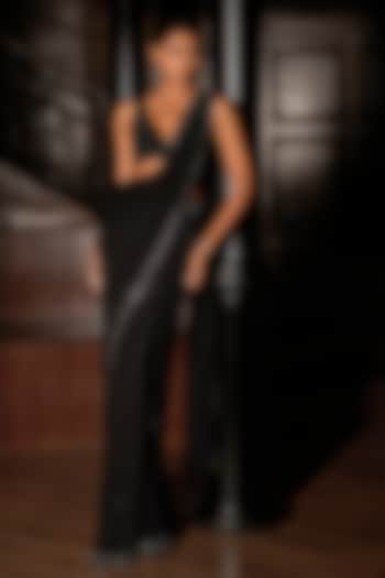 Black Georgette Pre-Draped Embroidered Reception Saree Set by Seema Gujral at Pernia's Pop Up Shop