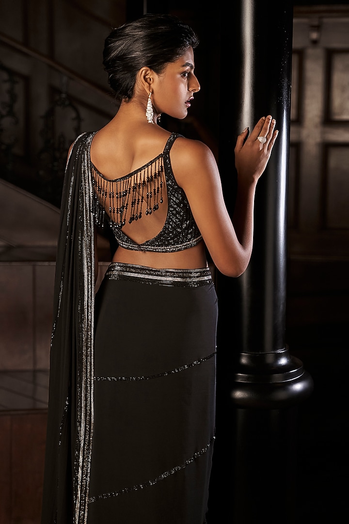 Black Georgette Pre-Draped Embroidered Reception Saree Set by Seema Gujral at Pernia's Pop Up Shop