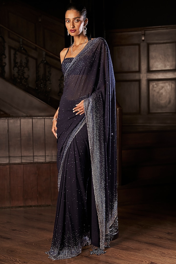 Midnight Blue Georgette Crystal Embroidered Bridal Saree Set by Seema Gujral at Pernia's Pop Up Shop