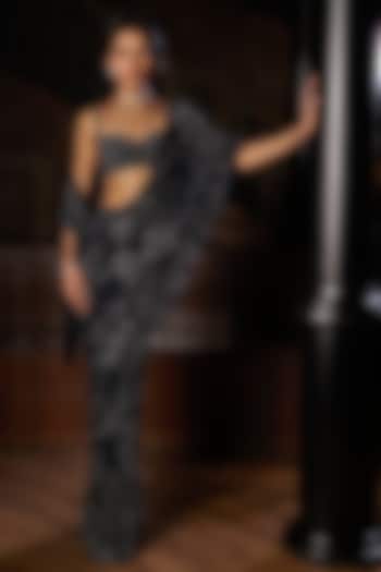 Steel Blue Georgette Crystal Embroidered Bridal Saree Set by Seema Gujral at Pernia's Pop Up Shop