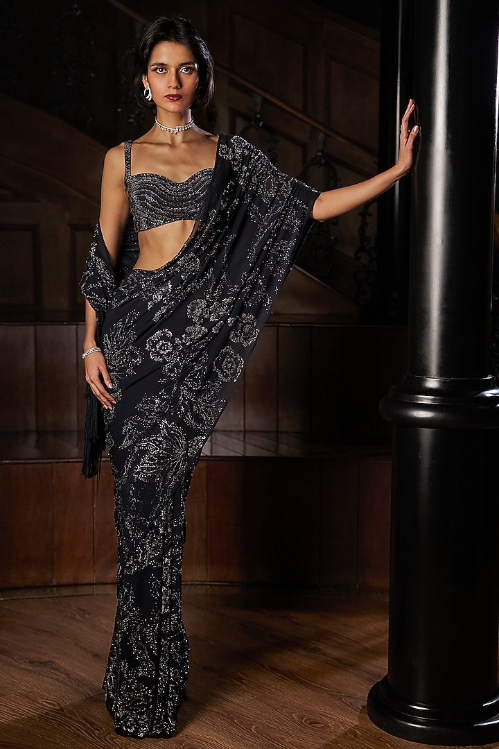 Steel Blue Georgette Crystal Embroidered Bridal Saree Set by Seema Gujral at Pernia's Pop Up Shop